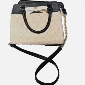 Betsey Johnson Be Mine Cream & Black Leather Bag Purse with Heart Charm